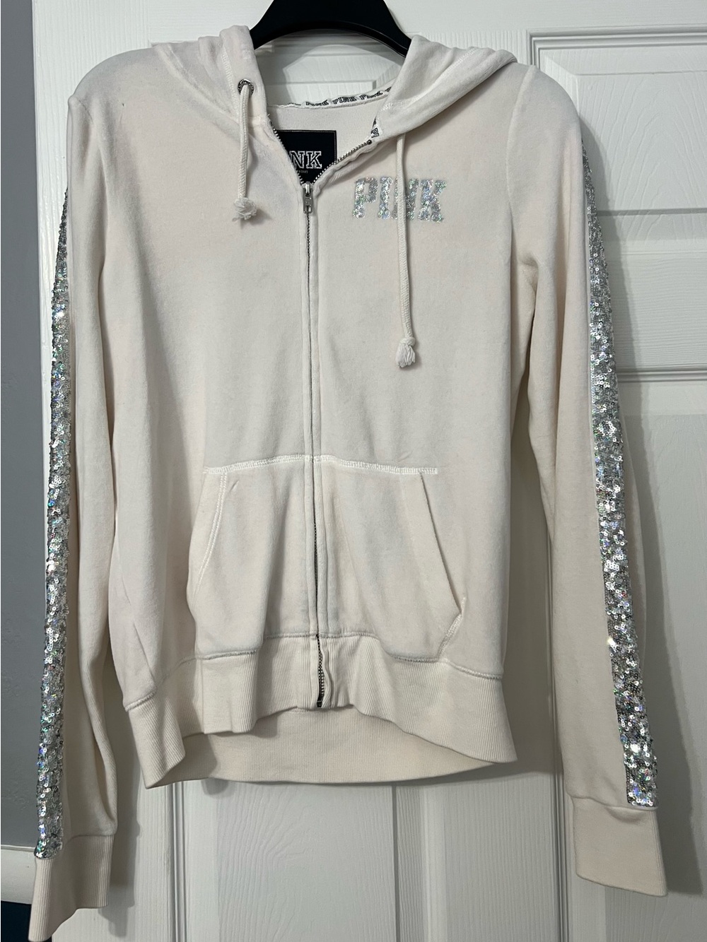 PINK Victoria's Secret Cream Zip-Up Hoodie with Silver Sequin Stripes